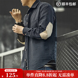 马登工装美式复古泡泡纱格子衬衫肌理感做旧拼接翻领长袖衬衣外套男秋 藏青格 L