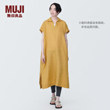 MUJI MUJI 女式 麻 水洗 开领半袖连衣裙 女装汉麻裙子夏季 BC2JLA4S 烟熏黄色 L 165/88A