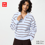 优衣库女装柔滑棉质POLO领条纹针织衫/毛衣毛衫484503 60 浅蓝色 M