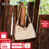 红谷（HONGU）包包女2025新款头层牛皮腋下包通勤单肩斜跨包HOBO包新年礼物 奶白色
