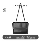 INJOYLIFE流浪包小众软皮通勤包机车大容量单肩包双链条女包牛皮方包 黑色