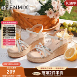 天美意凉鞋女商场同款坡跟编织花朵一字带女鞋COO05BL3 米白 38