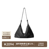 裘真【明星同款】植鞣牛皮羊皮双耳hobo单肩斜挎大容量包包女 黑色-(牛皮）