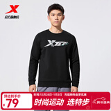 特步（XTEP）保暖卫衣男秋冬季运动服刺绣针织上衣男装休闲圆领加绒套头衫 正黑色-加绒款（0124） L