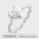 久饰缘原创设计不规则纹理心形爱心S925纯银戒指麻花指环 JZ210-银色 12号（开口可调节）