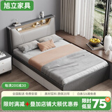 旭立北欧床现代简约1.2m单人床小户型带灯高箱储物床榻榻米抽屉收纳床 床布纹色带灯+乳胶床垫 1.2*1.9米