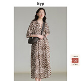 旅途原品（ltyp）格子连衣裙优雅随性艺术印花蝙蝠袖春季原创设计感中长裙 咖色-定制手绘水彩方格子 M 160cm（现货）