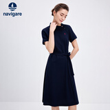 Navigare意大利小帆船短袖连衣裙女士夏季棉质斜领裙子时尚显瘦半袖a字裙 海军蓝 XL 码