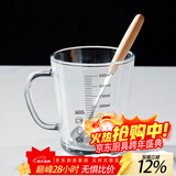 德蒂芙食品级玻璃水杯微波炉可加热带吸管刻度的儿童专用喝泡牛奶粉杯子 加厚刻度把杯【木柄勺】