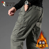 啄木鸟秋冬季工装裤男式厚款休闲长裤宽松加大码纯色简约百搭款男士裤子 2011军绿色 M