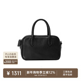 裘真【明星推荐】宽宽包植鞣牛皮休闲斜挎包手提保龄球包女 黑色