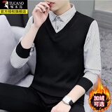 啄木鸟加绒加厚男士假两件秋冬季保暖毛衣针织衫潮流百搭打底衫衬衫长袖 白条纹 常规 XL