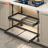 家佰利厨房拉篮橱柜可抽拉碗篮调味篮嵌入式衣柜拉篮家用碗架厨房置物架 碗碟款双层【免打孔可伸缩】