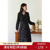 独束大码女装法式甜美V领碎花连衣裙女春装新款微胖mm显瘦茶歇裙 黑底棕花 XL (尺码：3)