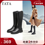 他她（TATA）黑色V口长筒靴女英伦加绒抗寒高筒靴骑士靴冬季G5JA1DG2 黑色（单里） 35