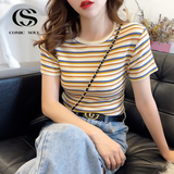 COMIC SOUL条纹短袖t恤女夏季新款撞色ins潮高腰显瘦短款上衣 杏色条纹 XL 106-115斤