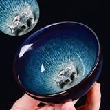 陶福气镶银窑变天目釉茶杯 兔毫盏主人杯单杯十二生肖茶盏银杯品茗茶杯 镶银建盏拉丝斗笠杯-丑牛