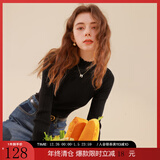 三彩冬款纯色坑条针织衫木耳边半高领修身打底内搭简约女 经典黑 M