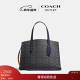 蔻驰（COACH）奥莱女士女包经典标志帆布CHARLIE CARRYALL手提包通勤斜挎包 浅黄色硬件/木炭色 午夜海军蓝色