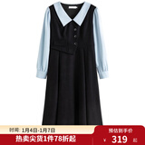 独束大码女装假两件撞色衬衫领连衣裙女秋冬微胖mm文艺复古穿搭裙子 墨染黑【适合160左右】 XL