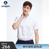 纳维凯尔意大利小帆船纯棉短袖衬衫男士透气夏装薄款撞色领白衬衣职业正装 漂白 S /38