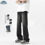 顶峰保罗（Dingfengbaoluo）美式高街牛仔裤男春秋季休闲直筒百搭修身微喇长裤DFS09黑灰XL
