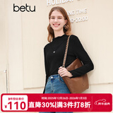 百图betu女装秋冬新款T恤高弹力木耳边修身长袖针织打底衫2310T42 黑色 M