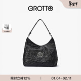 GROTTO个乐黑石hobo大号植鞣绵羊皮腋下单肩斜挎包通勤情人节礼物 经典黑L（银标）