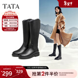 他她（TATA）黑色V口长筒靴女英伦加绒抗寒高筒靴骑士靴冬季G5JA1DG2 黑色（绒里） 39