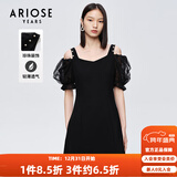 艾诺丝雅诗【商场同款】夏新珍珠网纱泡泡袖短袖小清新小黑裙连衣裙10429006 黑色 M