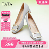 他她女鞋粗跟单鞋真皮方头休闲鞋高跟浅口鞋子7YO01AQ4 兰灰 38