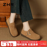 ZHR勃肯鞋女2026年新款真牛皮通勤女鞋休闲百搭单鞋AB55驼色38