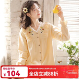 眠岛秋季新款纯棉磨毛睡衣少女日系格子长袖绒布春秋棉质家居服套装 黄色 格子 2XL