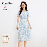 珂莱蒂尔夏季温柔风淑女茶歇复古碎花V领短袖连衣裙女花韵梦境 淡群青蓝 M