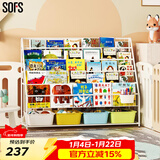 SOFS儿童书架绘本架简易落地宝宝小书柜铁艺幼儿置物架书本玩具收纳架 XXL码 (5+1)层 4盒白黄蓝绿