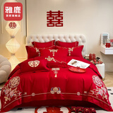 雅鹿高档结婚四件套大红中式刺绣新婚嫁房婚庆床上用品喜子被罩床单笠 喜结连理【手工刺绣-亲肤柔软】 1.8m床单款四件套-200*230cm被套