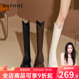 达芙妮厚底V口长筒靴女2025秋冬爆款女靴高筒靴显瘦百搭增高骑士靴子女 黑色 36