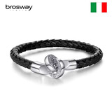 BROSWAY欧美男士手链钛钢牛皮手绳时尚潮小众轻奢饰品生日送男友礼物 BTI01 经典黑色 链长205mm 链粗5.5mm