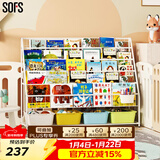 SOFS儿童书架绘本架简易落地宝宝小书柜铁艺幼儿置物架书本玩具收纳架 XXL码 (5+1)层 4盒白黄蓝绿