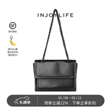 INJOYLIFE流浪包小众软皮通勤包机车大容量单肩包双链条女包牛皮方包 黑色