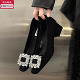 邦帛世单鞋女粗跟方扣水钻鞋子高级感气质通勤法式方头新款高跟鞋 黑色粗跟方扣高跟鞋 4cm 38 偏小1码