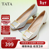 他她女鞋粗跟单鞋真皮方头休闲鞋高跟浅口鞋子7YO01AQ4 白色 36