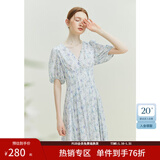范思蓝恩23FS12521茶歇法式雪纺碎花连衣裙女夏V领海边度假长裙子 白底紫花 M