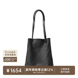 裘真新年礼物 008水桶包女斜挎通勤大容量真皮复古小众植鞣牛皮包包 黑色-小号