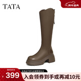 他她（TATA）时装靴弹力小V靴软糖靴加绒长筒靴高跟骑士靴子CGG01DG5 棕色（高糖7CM-绒里）-CGG01 36