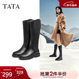 他她（TATA）黑色V口长筒靴女英伦加绒抗寒高筒靴骑士靴冬季G5JA1DG2 黑色（单里） 35
