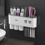 QUNEST双挤牙刷架免打孔浴室置物架牙膏牙杯架卫生间壁挂式磁吸牙缸套装 3杯款灰色+双挤牙膏器+杯贴