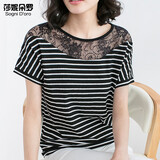 莎妮朵罗夏装新款百搭宽松上衣蕾丝条纹短袖T恤女15061 黑色-预售3天发货 4XL建议170-180斤穿着