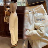 美思源白色直筒牛仔裤女士秋季裤子新款2026新款杏色高腰拖地裤阔腿裤 米杏色长裤 加厚绒 S 【90-105斤】