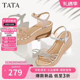 他她（TATA）绝美坡跟凉鞋女度假一字带时装凉鞋夏季7MY14BL4 银色 37